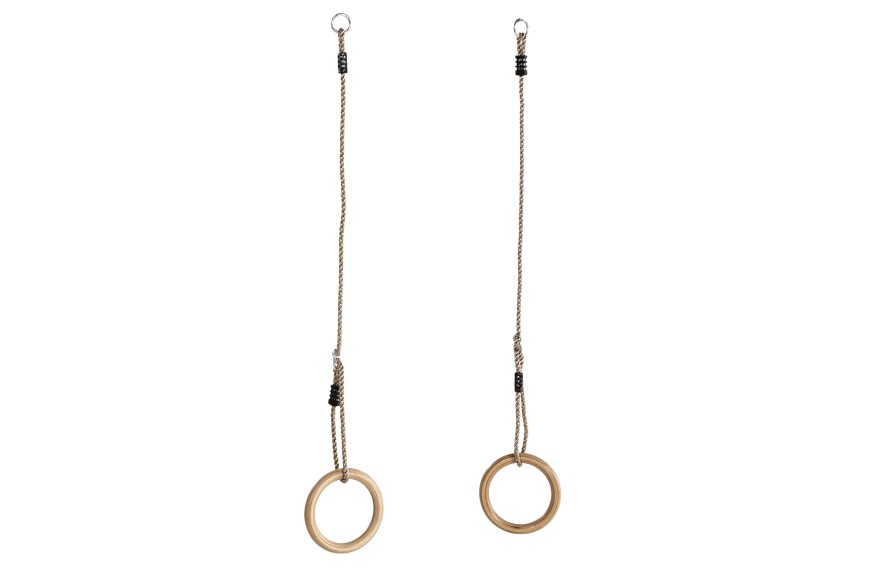 Anneaux de gymnastique en bois KBT avec fixations acier galvanisé et cordes PP pour portique enfants