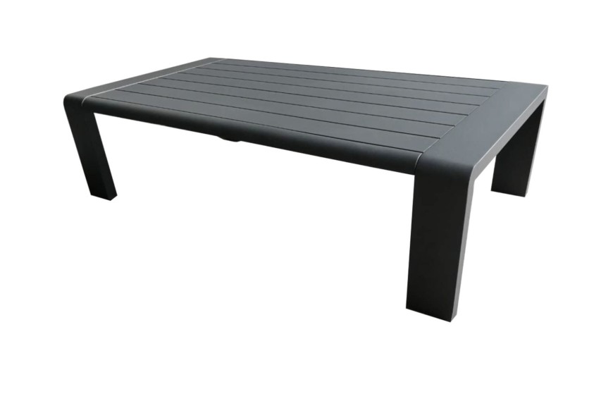 table basse de jardin Cordouan 150 x 78 cm en aluminium Océo avec plateau à lattes et finition graphite