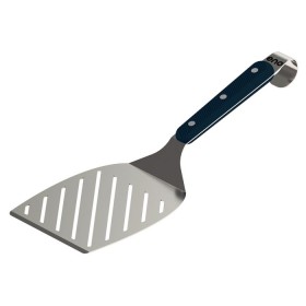 Spatule ajourée coudée en inox - ENO, manche anti-dérapant bleu navy, idéale pour poissons, légumes et aliments fragiles