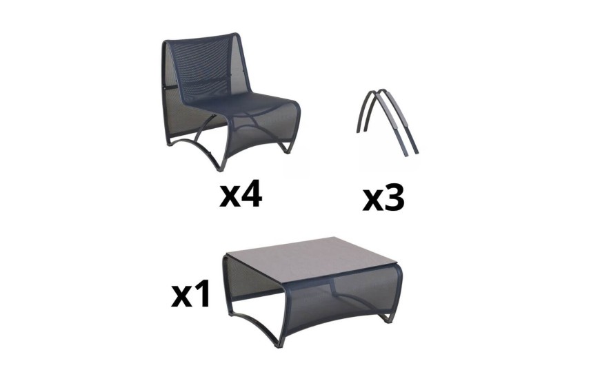 Salon bas de jardin design JET STREAM Les Jardins 4 places en aluminium gris avec toile Batyline