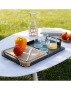 Plateau de service 2 en 1 ENO avec planche à découper en bambou et plateau en acier noir, idéal pour cuisine extérieure