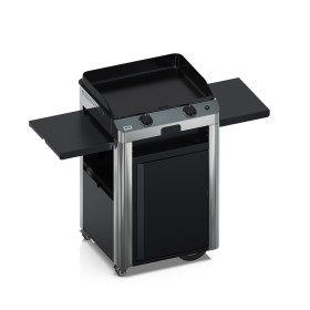 Plancha à gaz COMBO FUSION 60 ENO en inox marin avec chariot et tablettes rabattables