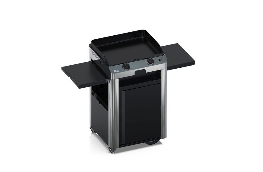 Plancha à gaz COMBO FUSION 60 ENO en inox marin avec chariot et tablettes rabattables