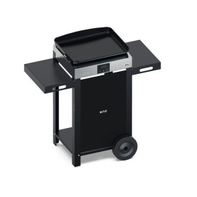 Plancha électrique COMBO INITIAL 50 ENO sur chariot acier galvanisé noir avec 2 tablettes amovibles et 2 roues tout terrain