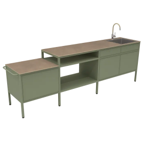 Cuisine d’extérieur La Généreuse Goosto Fermob avec plan de travail effet pierre et rangements aluminium design