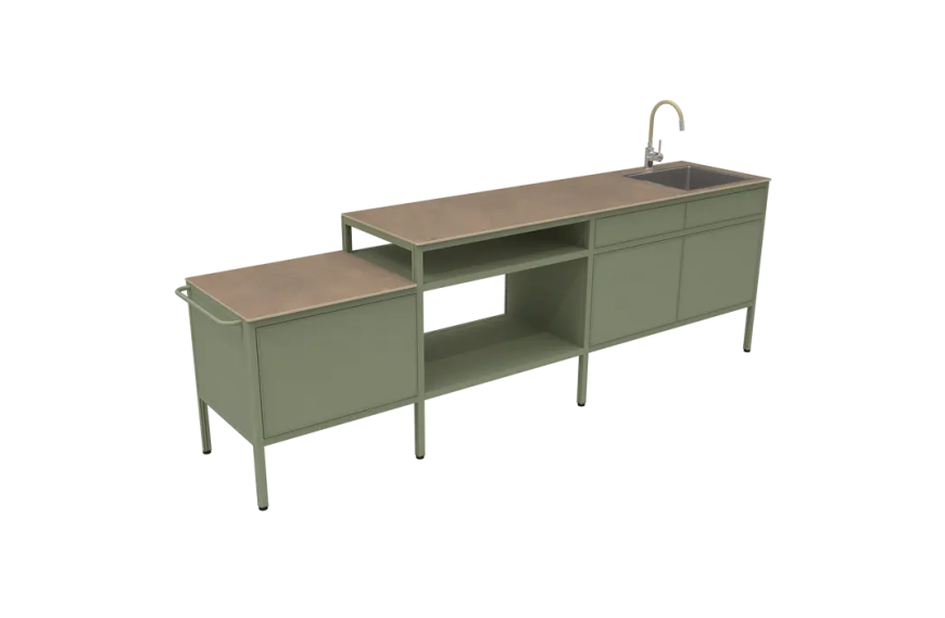 Cuisine d’extérieur La Généreuse Goosto Fermob avec plan de travail effet pierre et rangements aluminium design