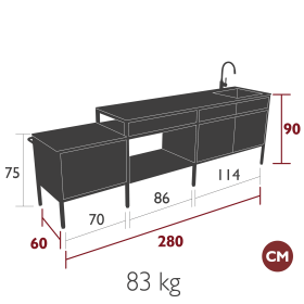Cuisine d’extérieur La Généreuse Goosto Fermob avec plan de travail effet pierre et rangements aluminium design