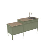 Cuisine d’extérieur La Gourmande Goosto Fermob compacte avec plan de travail effet pierre et évier inox intégré