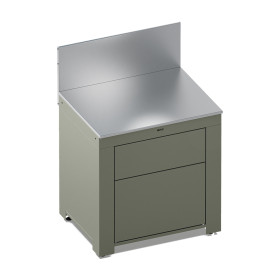 Cuisine extérieure ENO MODULO vert sauge avec plan de travail inox et tiroirs push-pull.