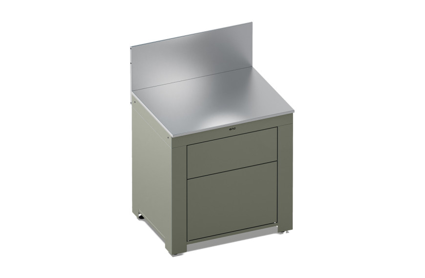 Cuisine extérieure ENO MODULO vert sauge avec plan de travail inox et tiroirs push-pull.
