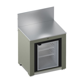 Module cuisine extérieure ENO MODULO vert sauge avec frigo 75L tropicalisé et plan inox.
