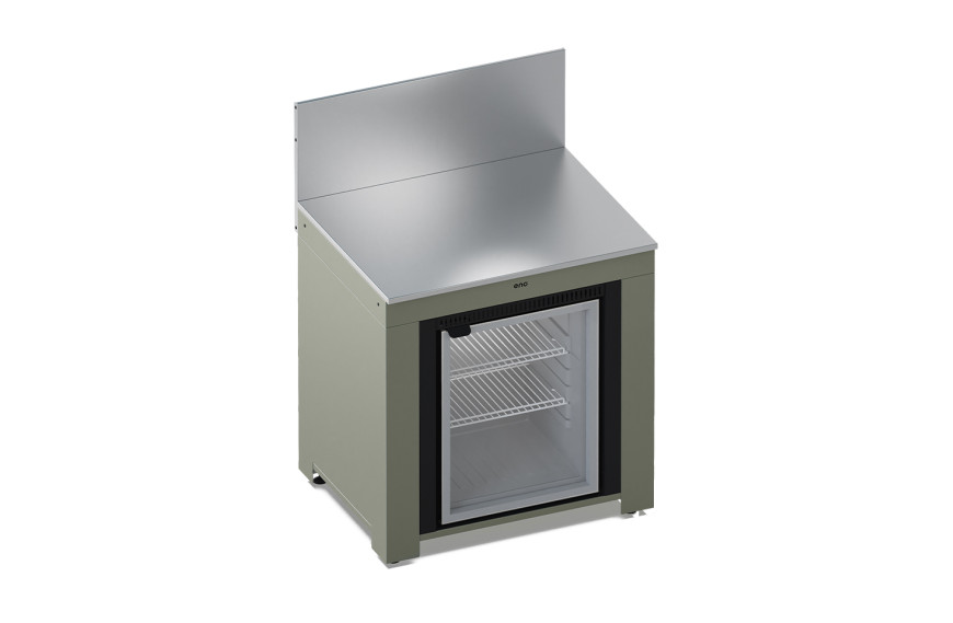 Module cuisine extérieure ENO MODULO vert sauge avec frigo 75L tropicalisé et plan inox.