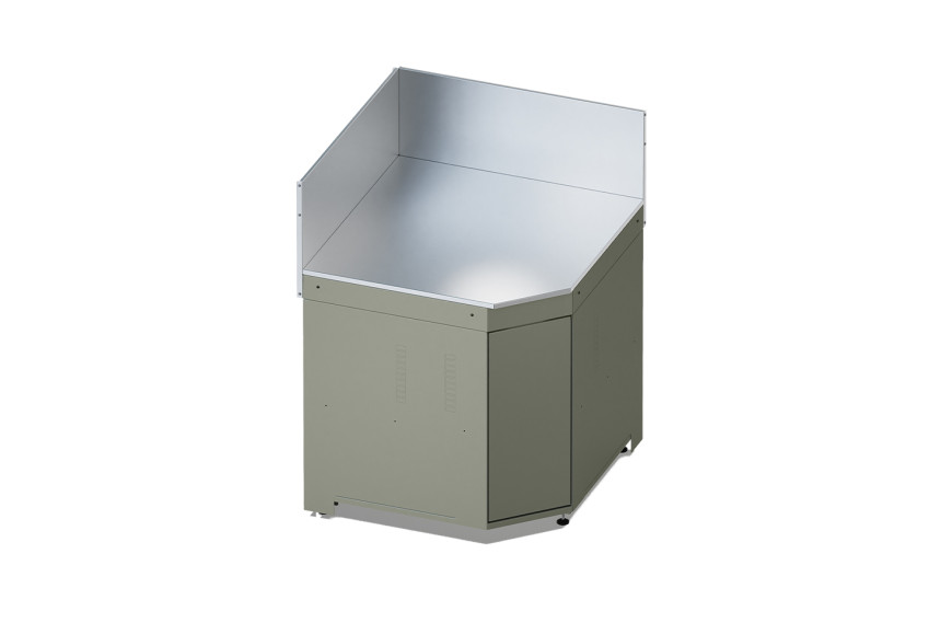 Module d’angle MODULO SAUGE ENO en acier galvanisé et inox, avec porte push-pull et crédences hautes.