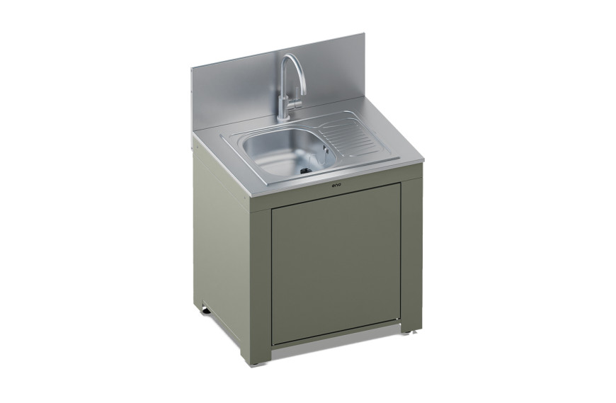 Module évier MODULO SAUGE ENO avec évier inox, égouttoir réversible et porte push-pull, coloris vert sauge.