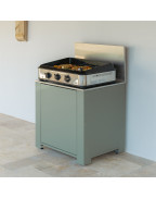 Module plancha MODULO SAUGE ENO en acier galvanisé et inox, avec plan de travail surbaissé et rangement bouteille gaz.