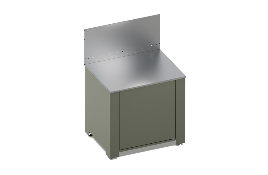 Module plancha MODULO SAUGE ENO en acier galvanisé et inox, avec plan de travail surbaissé et rangement bouteille gaz.