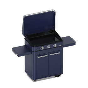 Combo plancha gaz ENOSIGN 80 bleu navy ENO, chariot avec 3 brûleurs, plancha fonte émaillée, capacité plus de 8 personnes.