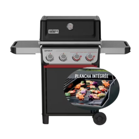 Barbecue à gaz Weber Spirit E-425 avec 4 brûleurs, Sear Zone et plancha intégrée en fonte émaillée.